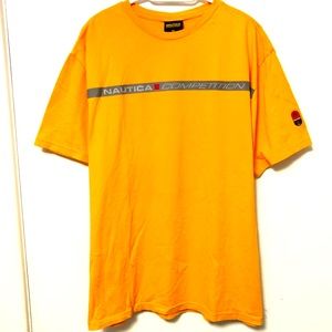 90s NAUTIC COMPETITION LOGO CYBER Y2K VINTAGE STRIPE SLEEVE EMBLEM GOLD T SHIRT